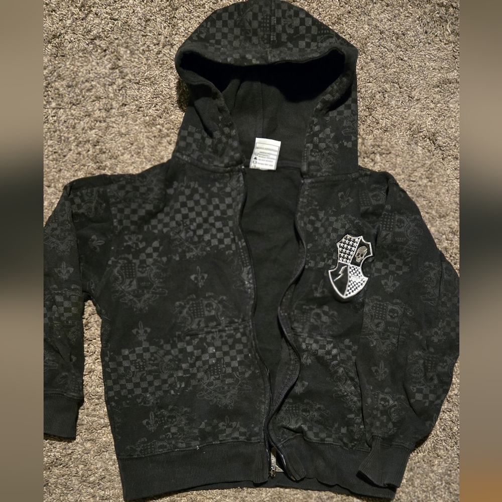 Avirex black & gray unisex skull checkered skate hoodie szS - Picture 2 of 6